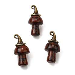 Красный Обсидиан Подвески-грибы из натурального красного дерева и обсидиана, с ведьминой шляпой из сплава, античная бронза, 31~31.5x15~15.5 мм, отверстие : 1.5x2 мм