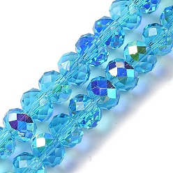 Deep Sky Blue AB Color Plated Transparent Electroplate Beads Strands, Faceted, Round, Deep Sky Blue, 7.5x6mm, Hole: 1mm, about 80~83pcs/strand, 18.31~19.88''(46.5~50.5cm)