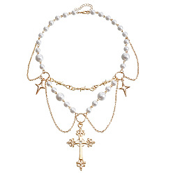 ZW850 gold Double-layered high-gloss imitation pearl tassel heart butterfly cross necklace - versatile.