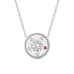 Platinum SHEGRACE 925 Sterling Silver Pendant Necklace, AAA Cubic Zirconia, Flat Round with Flower, Platinum, 15.74 inch