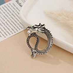 Antique Silver Dragon Men's Alloy Brooch for Backpack Clothes, with Plastic Beads, Antique Silver, 33x26mm