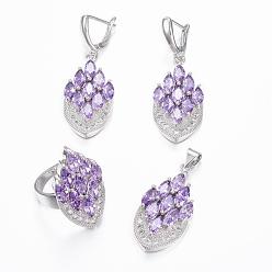 Blue Violet Brass Micro Pave Cubic Zirconia Jewelry Sets, Pendants & Hoop Earrings & Finger Rings, Marquise/Horse Eye, Platinum, Blue Violet, Size 7(17mm), 38.5x17x5.5mm, Hole: 5.5x4mm, 49x17x5.5mm, Pin: 1mm