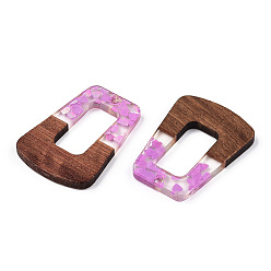 Violet Transparent Resin & Walnut Wood Pendants, Trapezoid Charms with Heart Paillettes, Violet, 38x27x3mm, Hole: 2mm