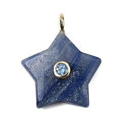 Синий Авантюрин Природные голубые авантюрин подвески, Подвески в виде звезд с латунными фианитами в оправе из кубического циркония, золотые, окрашенная и подогревом, 35.5~37x29.5~31.5x8.5~10.5 мм, отверстие : 4 мм
