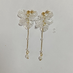 Золотой Серьги-гвоздики с подвесками из акриловых жемчужин и ракушек, с латунной фурнитурой , золотые, 93 мм