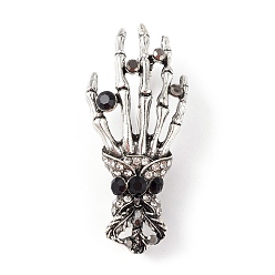 Antique Silver Halloween Theme Rhinestone Skeleton Hand Brooch Pin, Alloy Badge for Backpack Clothing, Antique Silver, 48.5x21.5x11mm, Pin: 0.7mm