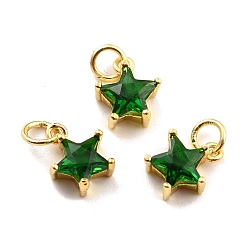 Dark Green Brass Cubic Zirconia Charms, Real 18K Gold Plated, Cadmium Free & Lead Free, Star, Dark Green, 10x8x4mm, Hole: 3.8mm