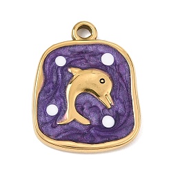 Purple 303 Stainless Steel Enamel Pendants, Rectangl with Dolphin Charms, Ion Plating(IP), Golden, Purple, 26.5x21x3.5mm, Hole: 2.5mm
