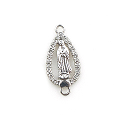 Teardrop Religion Alloy Pave Clear Cubic Zirconia Virgin Mary Connector Charms, Platinum, Teardrop, 25x12mm