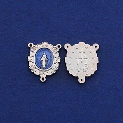 Королевский синий Компоненты люстры из эмали из платинового сплава ссылки, 3 Разъемы петли, для изготовления ожерелья из четок, овал со словом и леди Гваделупской, королевский синий, 22.5x18.5x2 мм, отверстие : 1 мм