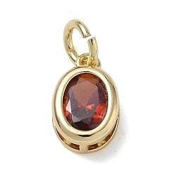 Dark Red Brass Pave Cubic Zirconia Charms, Oval Charms, Single Stone Charms, Long-Lasting Plated, Rack Plating, Lead Free & Cadmium Free, Real 18K Gold Plated, Dark Red, 12x8x6mm, Hole: 4mm