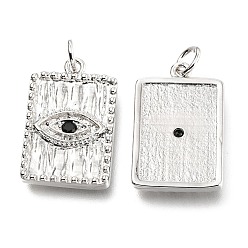 Real Platinum Plated Brass Micro Pave Black Cubic Zirconia Pendants, Long-Lasting Plated, with Jump Ring, Rectangle with Eye, Real Platinum Plated, 20x13x2.4mm, Hole: 3.2mm