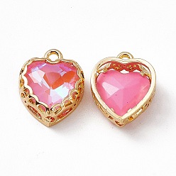 Light Rose Heart K9 Glass Charms, Faceted, with Light Gold Tone Brass Edge, Light Rose, 14.5x12x5.5mm, Hole: 1.6mm