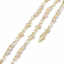 Golden Rack Plating Brass Star Link Chains, with Plastic Pearl Beaded, Unwelded, with Card Paper, Golden, 10x5x2mm
