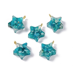 Medium Turquoise Natural Calcite Pendants, Star Charms, Dyed, with Epoxy Resin and Golden Tone Brass Loops, Medium Turquoise, 19.5~20.5x16~17x5~7mm, Hole: 2mm