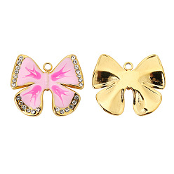 Pink Stainless Steel Rhinestones Pendants, with Enamel, Golden, Bowknot Charms, Pink, 20x15mm, Hole: 1.5mm