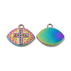 Rainbow Color Ion Plating(IP) 304 Stainless Steel Pendant Rhinestone Settings, Eye with Cross, Rainbow Color, Fit for 1mm Rhinestone, 16x13.5x2mm, Hole: 1.6mm
