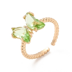 Peridot K9 Glass Butterfly Open Cuff Ring, Light Gold Brass Jewelry for Women, Peridot, US Size 5 1/2(16.1mm)