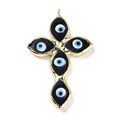 Black Handmade Lampwork Big Pendants, with Eco-friendly Ligh Gold Brass Findings, Long-Lasting Plated, Cadmium Free & Lead Free, Religion Cross with Evil Eye Charm, Black, 73.5x47x4mm, Hole: 4.2mm