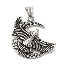 Antique Silver 304 Stainless Steel Pendants, Moon with Eagle Charm, Antique Silver, 46x41x4.5mm, Hole: 9x5mm