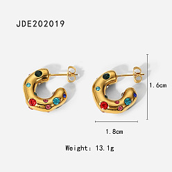 JDE202019 Colorful Zircon Inlaid Hammered C-shaped Earrings, Fashion Retro Ear Jewelry for Women