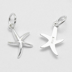 Silver 925 Sterling Silver Pendants, Starfish/Sea Stars, with 925 Stamp, Silver, 15x9.5x2mm, Hole: 4mm
