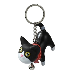 Black Resin Keychains, with PU Leather Decor and Alloy Split Rings, Cat Shape, Black, 9cm