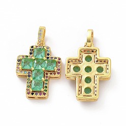 Spring Green Brass Micro Pave Clear Cubic Zirconia Pendants, Cross, Religion, Spring Green, 24x17x5mm, Hole: 3.5x5~5.5mm