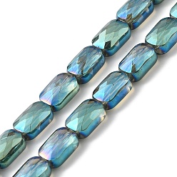 Light Sea Green Transparent Electroplate Glass Beads Strands, Rainbow Plated, Faceted, Rectangle, Light Sea Green, 9x6x4mm, Hole: 1.2mm, about 72pcs/strand, 25.98''(66cm)