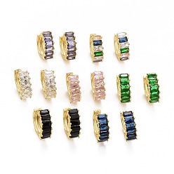 Mixed Color Cubic Zirconia Rectangle Hoop Earrings, Real 18K Gold Plated Brass Chunky Hinged Earrings for Women, Cadmium Free & Lead Free, Mixed Color, 15.5x17x6mm, Pin: 1mm