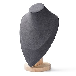 Gray Velvet Bust Necklace Display Stands with Wooden Base, Jewelry Holder for Necklace Storage, Gray, 18.7x14x29.3cm