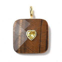 Тигровый глаз Граненые подвески из натурального тигрового глаза, Квадратные подвески с латунными фианитами в оправе из кубического циркония, золотые, 33.5~35x25.5x8~8.5 мм, отверстие : 4 мм