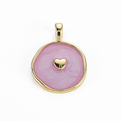 Old Rose Brass Enamel Pendants, Cadmium Free & Nickel Free & Lead Free, Real 16K Gold Plated, Flat Round with Heart, Old Rose, 20.5x15.5x4.5mm, Hole: 2.5x3.5mm