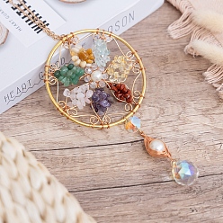 Golden Gemstone Wire Wrapped Gemstone Chip Flower Car Hanging Ornament, with Iron Findings and Glass Charm for Car Rear View Mirror Decorations, Golden, 290x90mm
