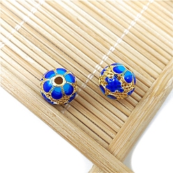 Blue Brass Enamel Beads, Hollow Round, Golden, Blue, 10mm, Hole: 1.5mm