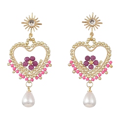 Ruby Natural Ruby & Glass Seed Dangle Earrings for Women, Heart, Brass Micro Clear Cubic Zirconia Sun Stud Earrings, 57x26mm
