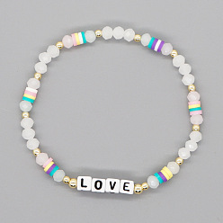 B-B220040B Chic Gemstone Elastic Bracelet with Crystal Beads and LOVE Letter Charm