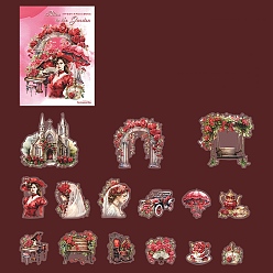Crimson 30Pcs Retro Flower Castle Theme PET Waterproof Scrapbook Stickers, for DIY Album Scrapbook, Greeting Card, Crimson, 100x100mm