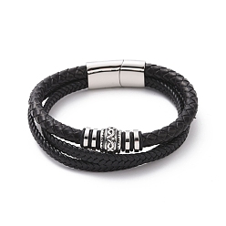 Stainless Steel Color Black Microfiber Braided Cord Triple-strand Bracelet with 304 Stainless Steel Magnetic Clasps, Column Beaded Punk Wristband for Men Women, Stainless Steel Color, 8-5/8 inch(21.8cm)