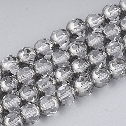 Clear Electroplate Glass Beads Strands, Half Silver Plated, Faceted, Round, Clear, 8~8.5x7~8mm, Hole: 1mm, about 40pcs/strand, 11.8 inch