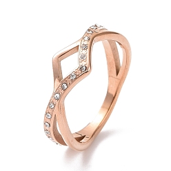 Rose Gold Crystal Rhinestone Wave Finger Ring, Ion Plating(IP) 304 Stainless Steel Jewelry for Women, Rose Gold, US Size 6~9(17.1~18.9mm)