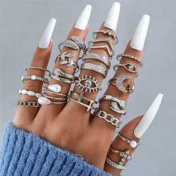 Platinum 23Pcs 23 Style Alloy Open Cuff Rings Set with Rhinestone, Enamel Stackable Rings, Mixed Shape, Platinum, Inner Diameter: 16~18mm, 1Pc/style