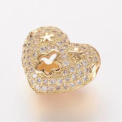 Golden Brass Micro Pave Cubic Zirconia Beads, Heart with Flower, Hollow, Golden, 12x14x7mm, Hole: 1mm