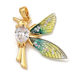 Желто-Зеленый Латунь стекло горный хрусталь подвески, со смолой обри, долговечный, реальный 18 k позолоченный, дятел, желто-зеленый, 23.5x21x4.5 мм, отверстие : 2.5x3.5 мм