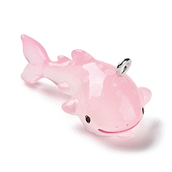 Pink Pendentifs en résine opaque sur le thème des animaux marins, Breloques requin avec boucles en fer ton platine, rose, 14x16x31.5mm, Trou: 2mm