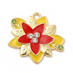 Red Rack Plating Alloy Enamel Pendants, with Glass Rhinestone, Golden, Flower Charm, Red, 25.5x26.5x2.5mm, Hole: 2.1mm