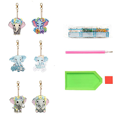 Mixed Color DIY Diamond Painting Elephant Pendant Keychain Kit, Including Acrylic Board, Keychain Clasp, Bead Chain, Resin Rhinestones Bag, Diamond Sticky Pen, Tray Plate and Glue Clay, Mixed Color, 7x5cm, 6pcs/set