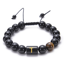 T Natural Black Agate Beaded Bracelet Adjustable Women's Handmade Alphabet Stone Strand Jewelry