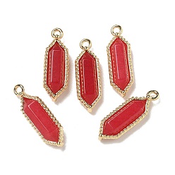 Белый Нефрит Окрашенный натуральный белый нефрит ограненные двухконечные заостренные подвески, покрытие стойки латунные шестигранные подвески, золотые, красные, 21~22x6.5~7x4.5 мм, отверстие : 1.4 мм