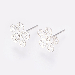 Real Platinum Plated Brass Stud Earring Findings, with Loop, Flower, Real Platinum Plated, 10x10x0.8mm, Hole: 1mm, Pin: 0.7mm